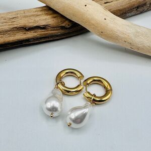 Baroque Pearl Gold Hoop Huggie Earrings 18K Stainless Steel